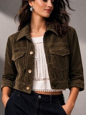 Theory Cropped Corduroy Jacket Olive Green Size 8 | Utility Chic